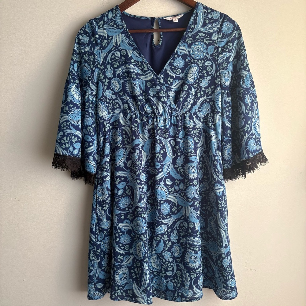Candieβs Women Blue Floral Boho Dressβ Lace Sleeve Empire Waist Mini Size S